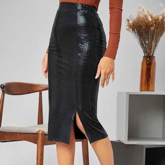 Black Preppy Womens Faux Croc Leather Slit Pencil Skirt - Picture 5 of 5